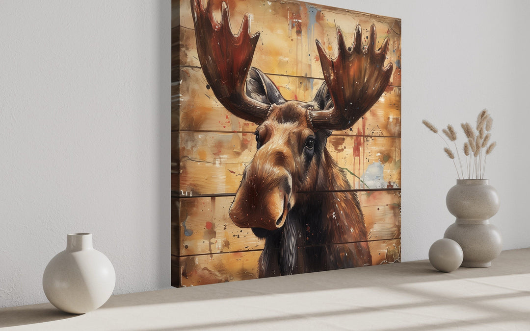 Cute Moose Portrait on Distressed Wood Framed Canvas Wall Art