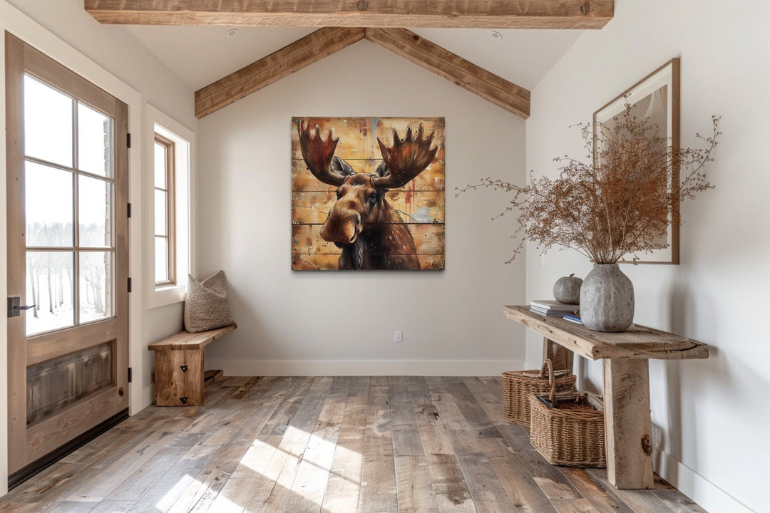 Cute Moose Portrait on Distressed Wood Framed Canvas Wall Art