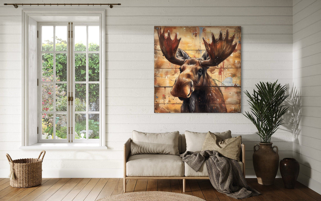 Cute Moose Portrait on Distressed Wood Framed Canvas Wall Art