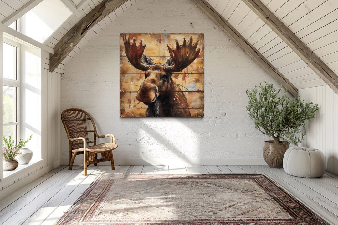 Rustic Cabin Wall Decor - Cute Moose Portrait on Distressed Wood Framed Canvas Wall Art