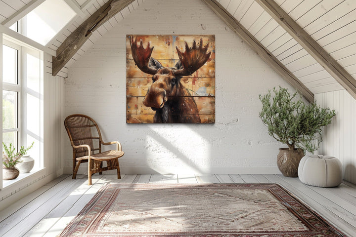 Cute Moose Portrait on Distressed Wood Framed Canvas Wall Art