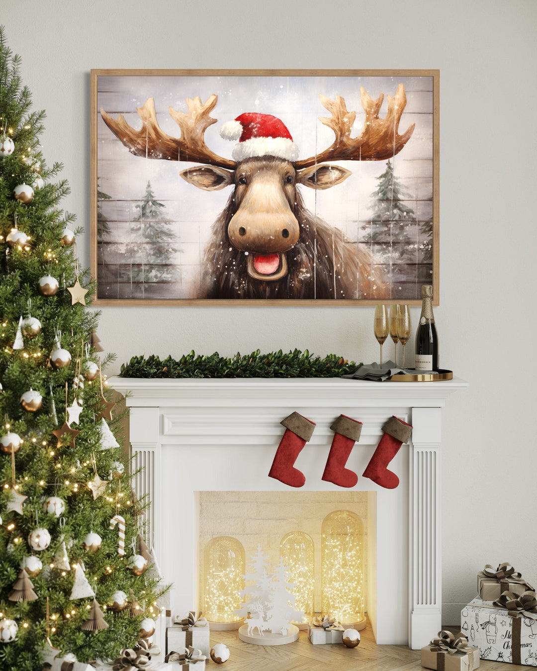 Cute Moose in Santa Hat Rustic Painting On Wood Christmas Framed Canvas Wall Art