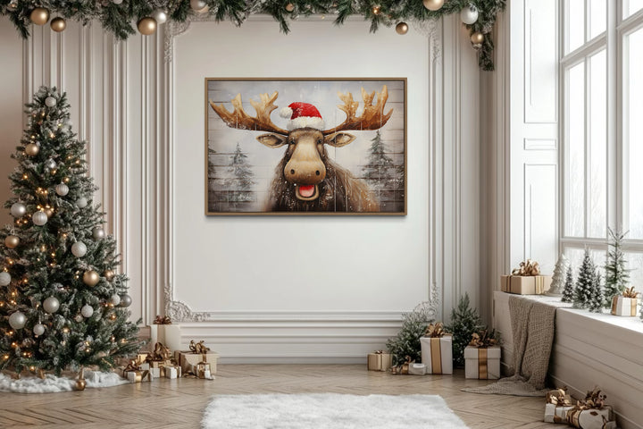 Cute Moose in Santa Hat Rustic Painting On Wood Christmas Framed Canvas Wall Art