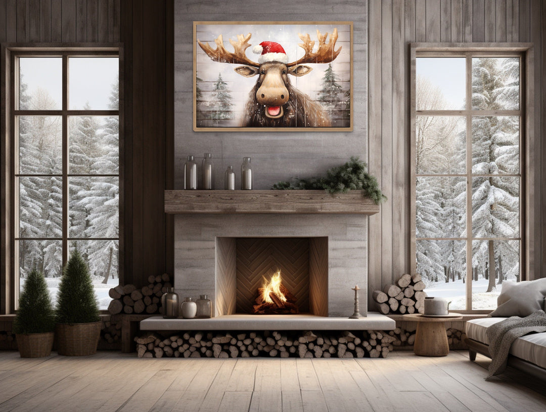 Cute Moose in Santa Hat Rustic Painting On Wood Christmas Framed Canvas Wall Art