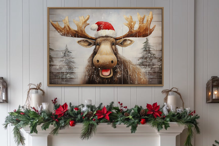 Cute Moose in Santa Hat Rustic Painting On Wood Christmas Framed Canvas Wall Art