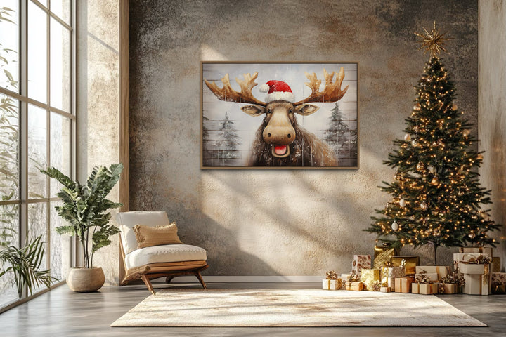 Cute Moose in Santa Hat Rustic Painting On Wood Christmas Framed Canvas Wall Art