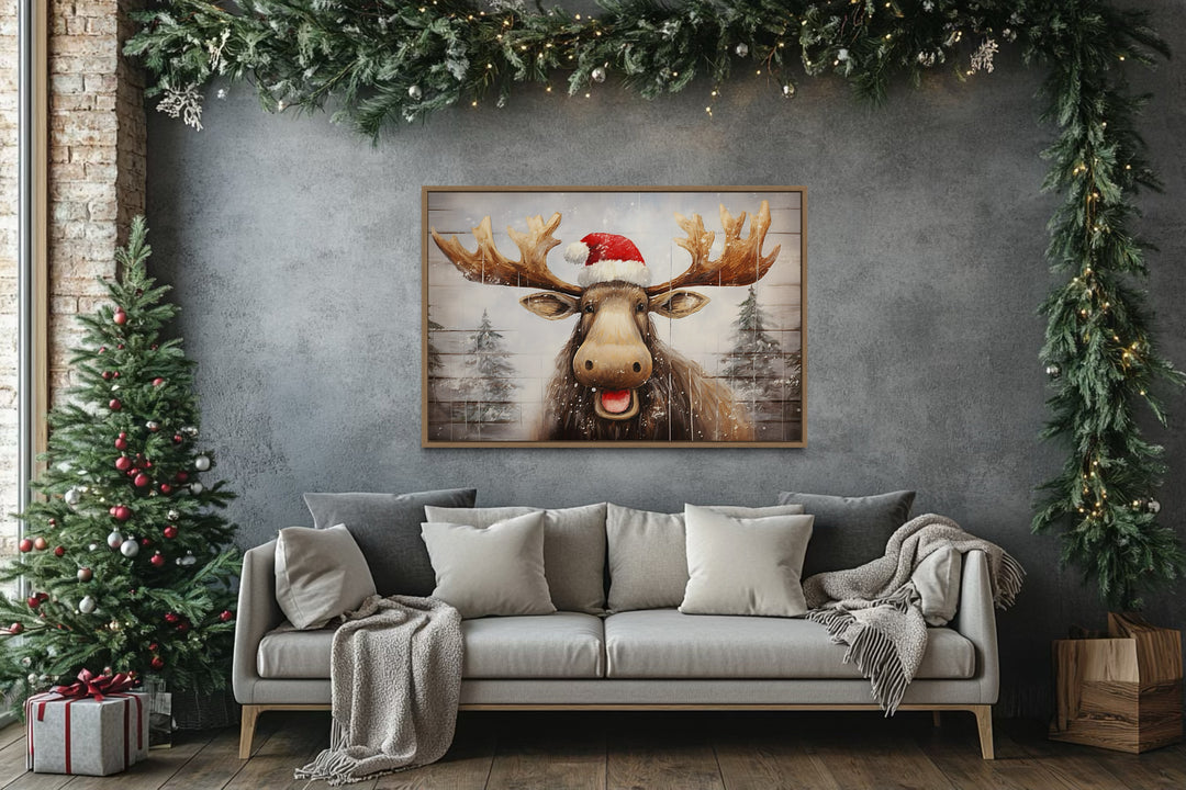 Cute Moose in Santa Hat Rustic Painting On Wood Christmas Framed Canvas Wall Art