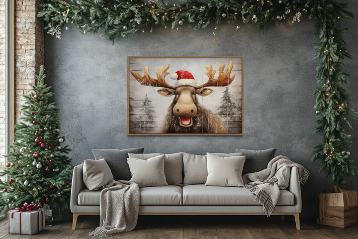 Cute Moose in Santa Hat Rustic Painting On Wood Christmas Framed Canvas Wall Art