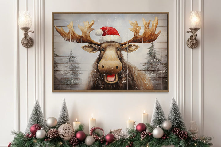 Cute Moose in Santa Hat Rustic Painting On Wood Christmas Framed Canvas Wall Art