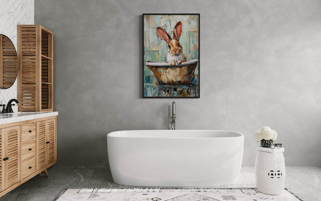 Cute Rabbit In The Bathtub Framed Canvas Wall Art