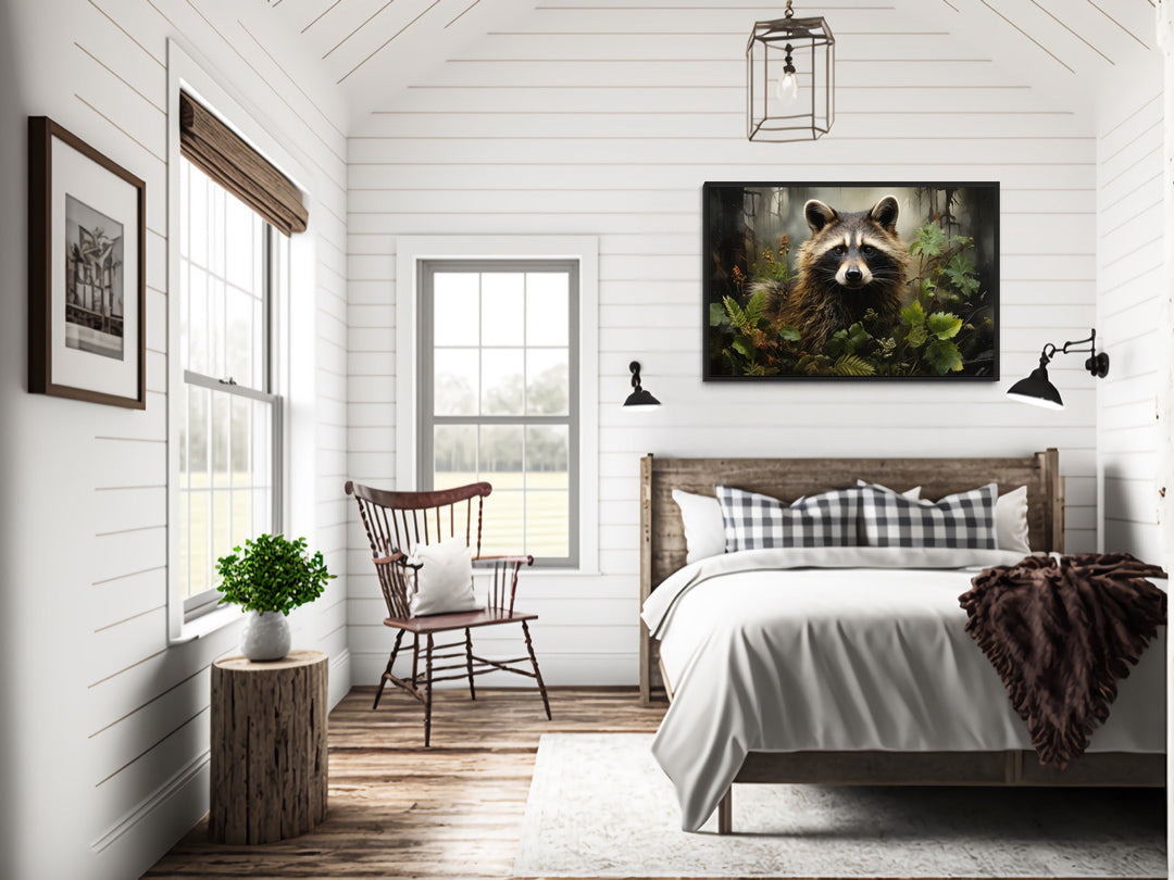 Cute Raccoon In The Forest Framed Canvas Wall Art