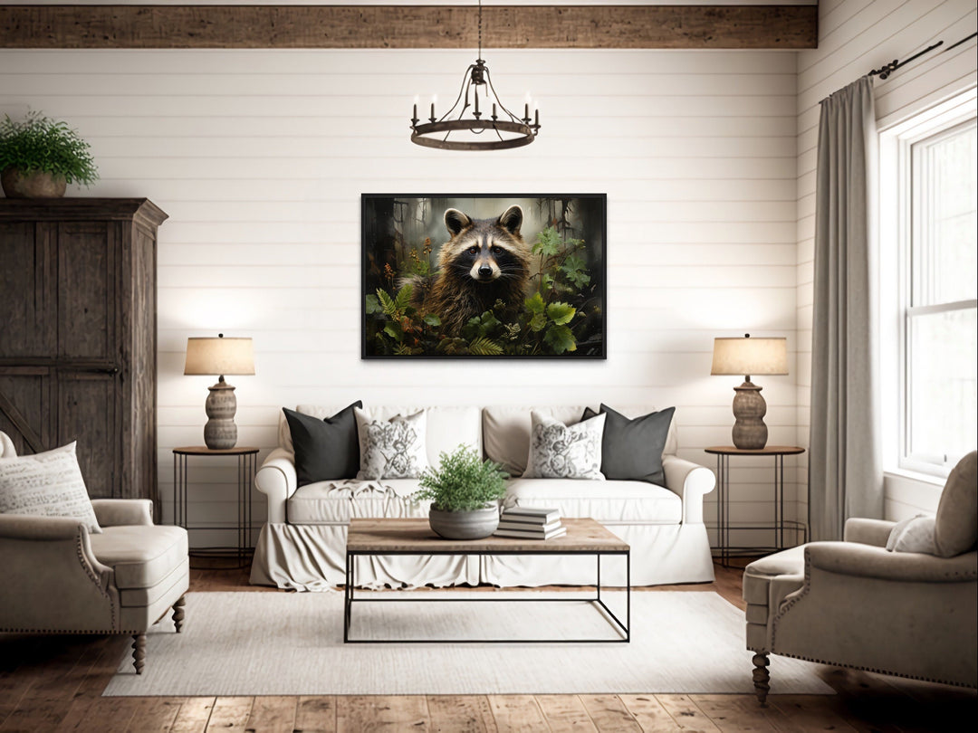 Cute Raccoon In The Forest Framed Canvas Wall Art