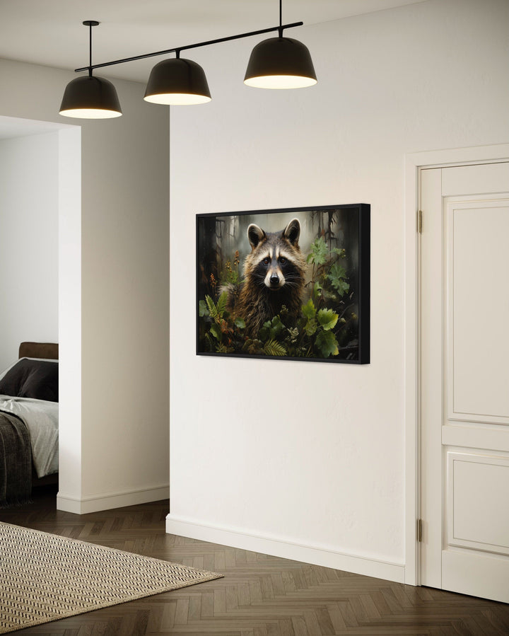 Cute Raccoon In The Forest Framed Canvas Wall Art