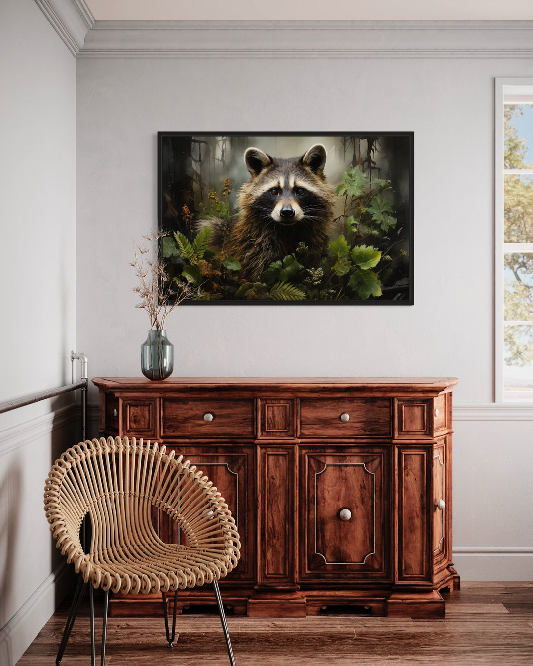 Cute Raccoon In The Forest Framed Canvas Wall Art