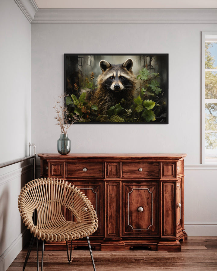 Cute Raccoon In The Forest Framed Canvas Wall Art