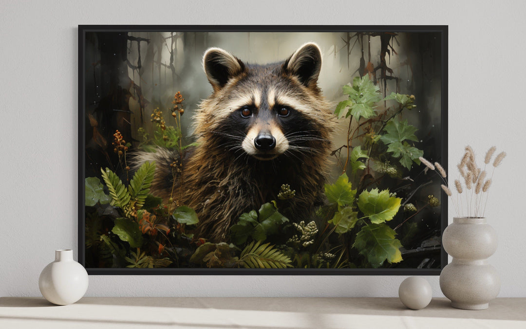 Cute Raccoon In The Forest Framed Canvas Wall Art