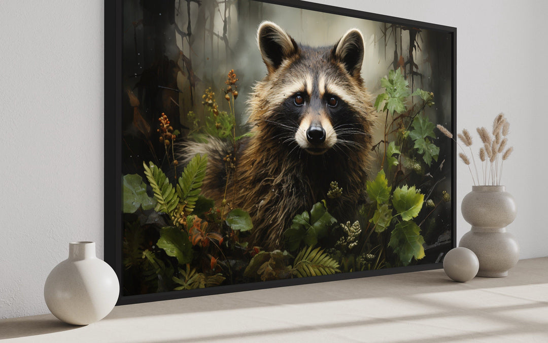 Cute Raccoon In The Forest Framed Canvas Wall Art