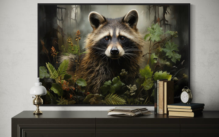 Framed canvas wall art featuring a detailed raccoon portrait surrounded by lush forest greenery.