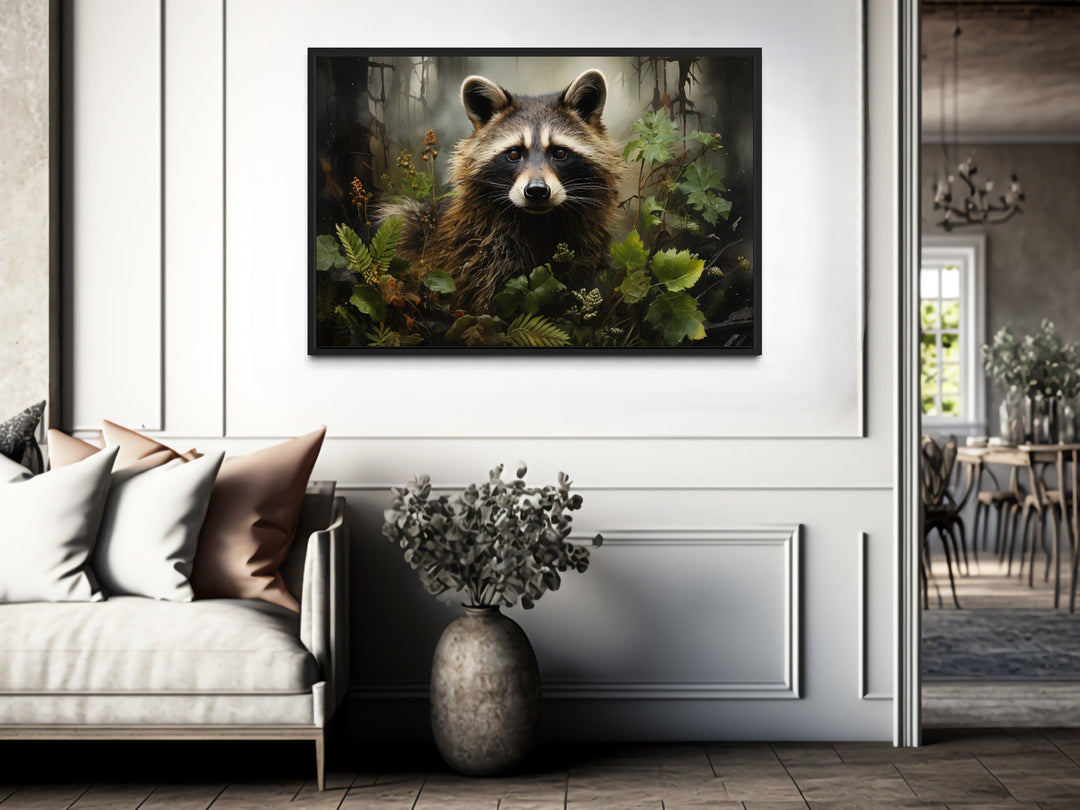 Cute Raccoon In The Forest Framed Canvas Wall Art