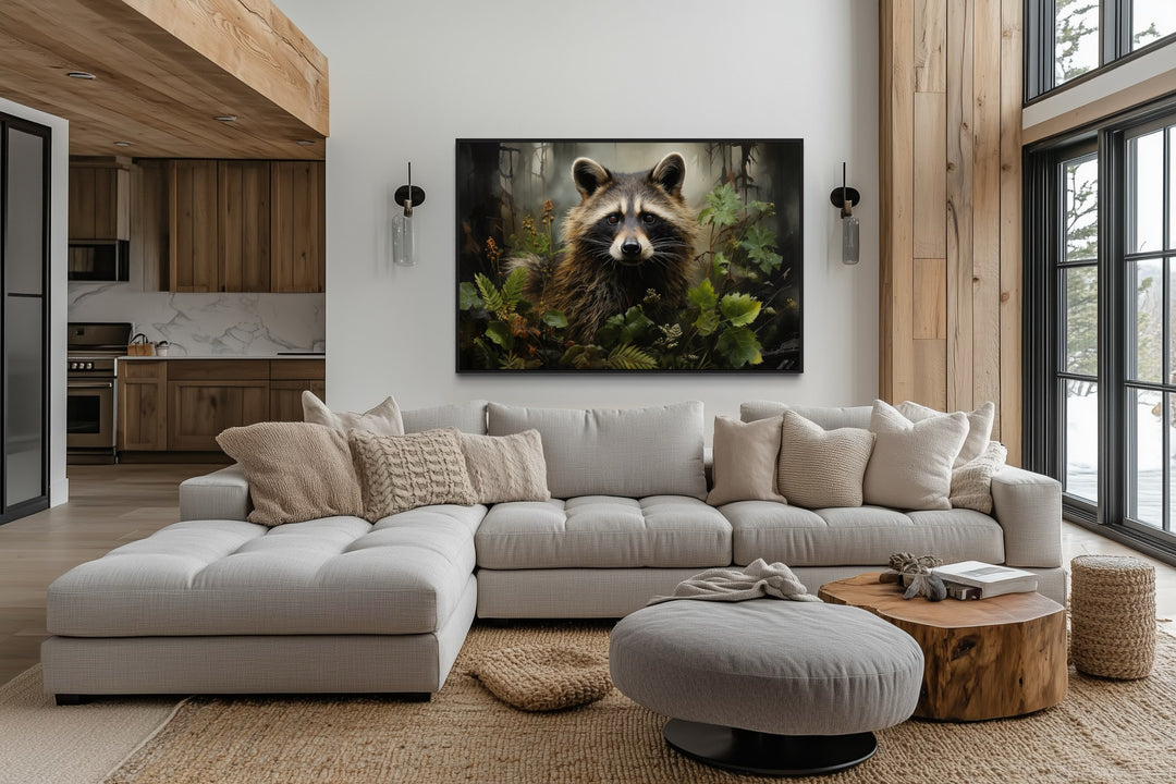 Cute Raccoon In The Forest Framed Canvas Wall Art