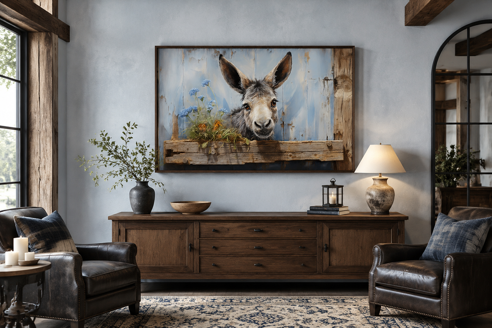 Rustic framed canvas wall art of a cute donkey painting above a wooden sideboard in a living room.