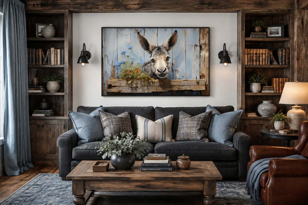 Framed canvas wall art of a cute donkey painting above a sofa in a rustic living room.