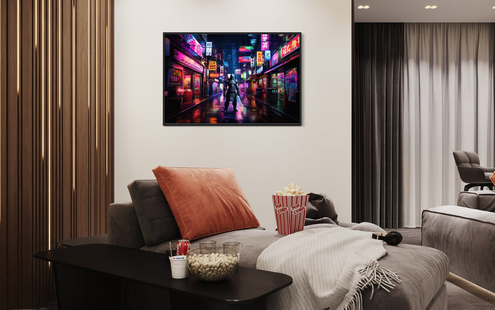 Cyberpunk Tokyo And Japanese Samurai Framed Canvas Wall Art