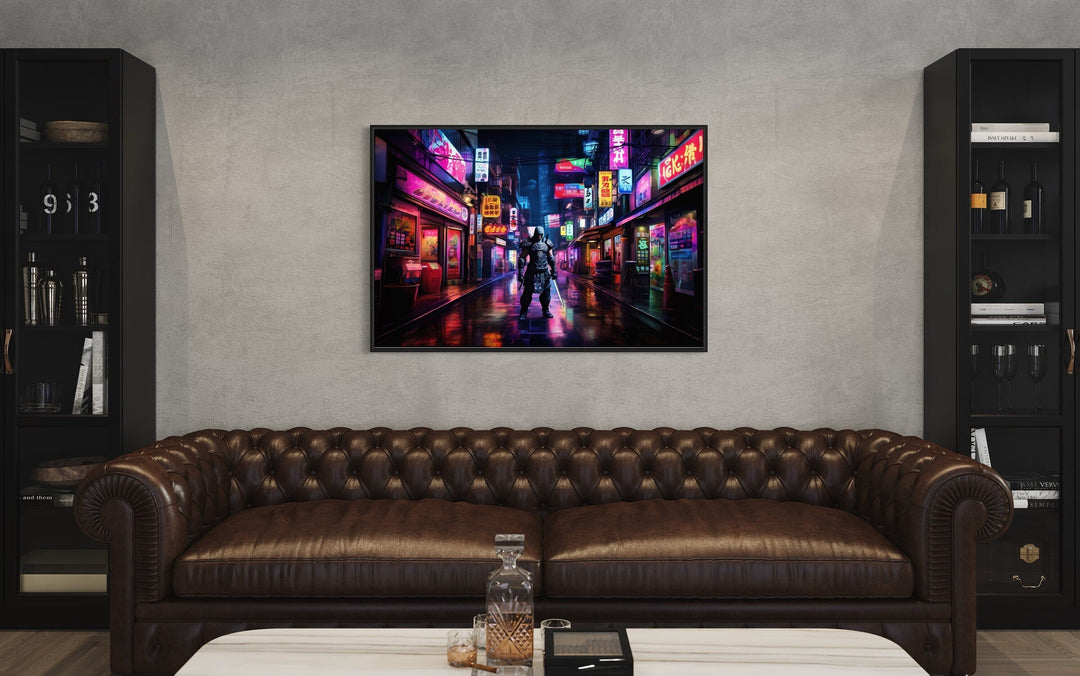 Cyberpunk Tokyo And Japanese Samurai Framed Canvas Wall Art