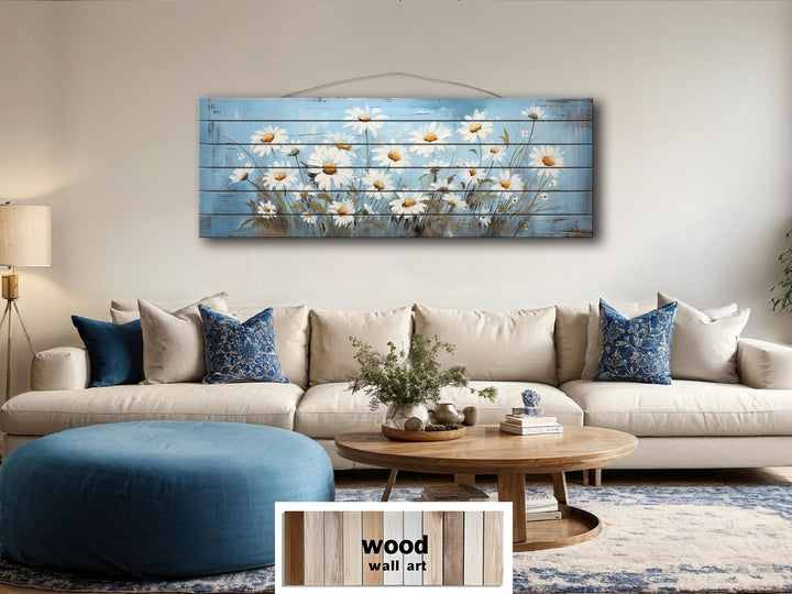 Daisy Flowers On Blue Long Narrow Distressed Wood Wall Art