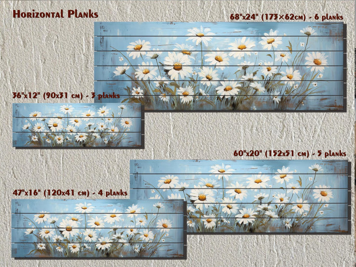 Daisy Flowers On Blue Long Narrow Distressed Wood Wall Art
