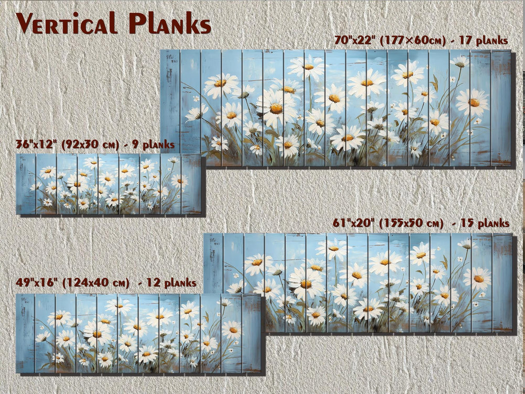 Daisy Flowers On Blue Long Narrow Distressed Wood Wall Art
