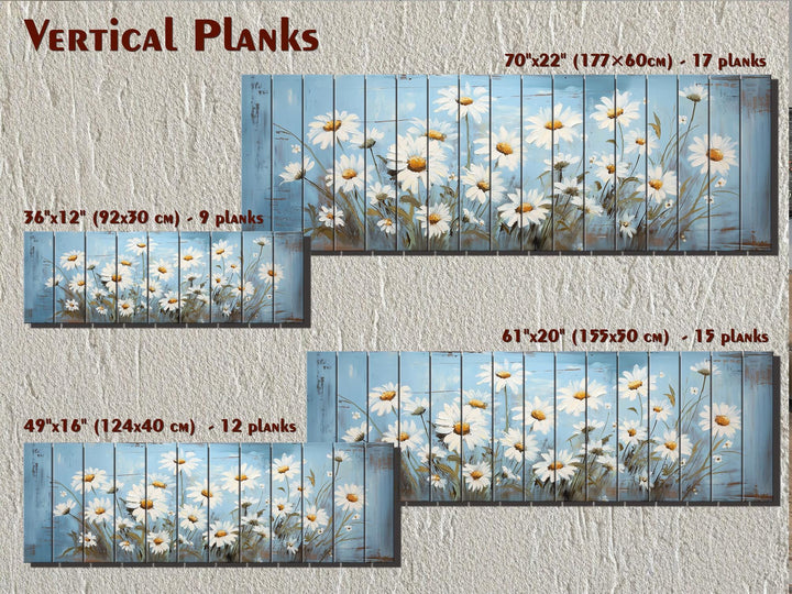 Daisy Flowers On Blue Long Narrow Distressed Wood Wall Art