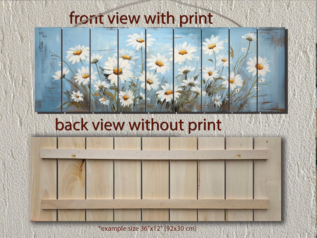 Daisy Flowers On Blue Long Narrow Distressed Wood Wall Art