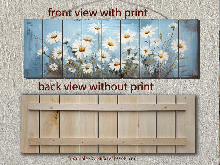Daisy Flowers On Blue Long Narrow Distressed Wood Wall Art