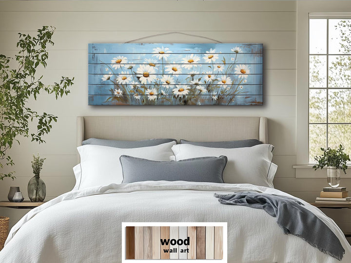 Daisy Flowers On Blue Long Narrow Distressed Wood Wall Art