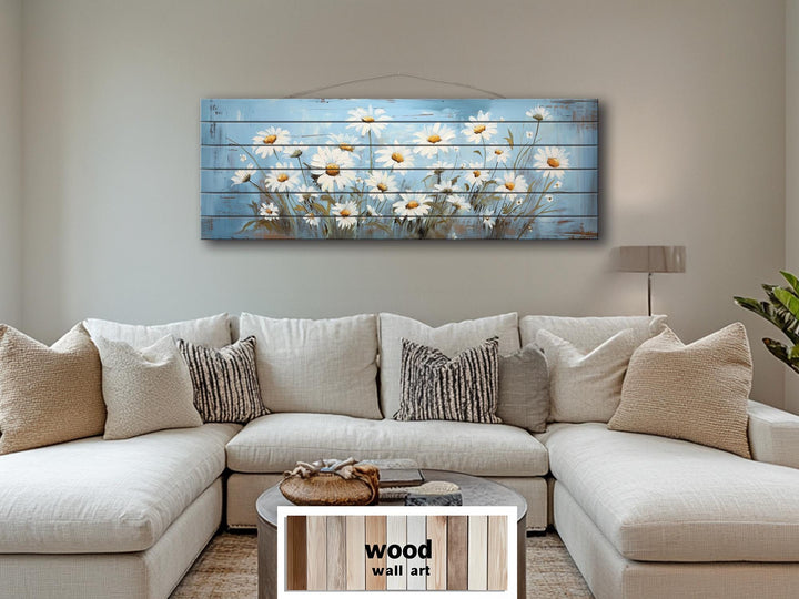 Daisy Flowers On Blue Long Narrow Distressed Wood Wall Art