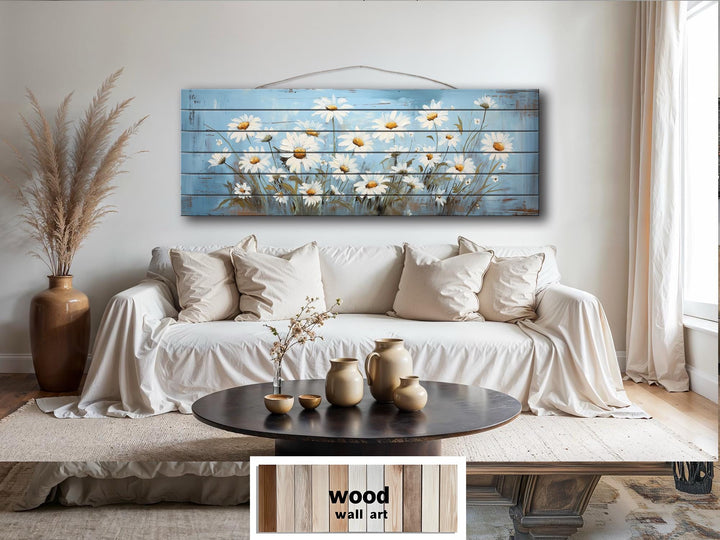 Daisy Flowers On Blue Long Narrow Distressed Wood Wall Art
