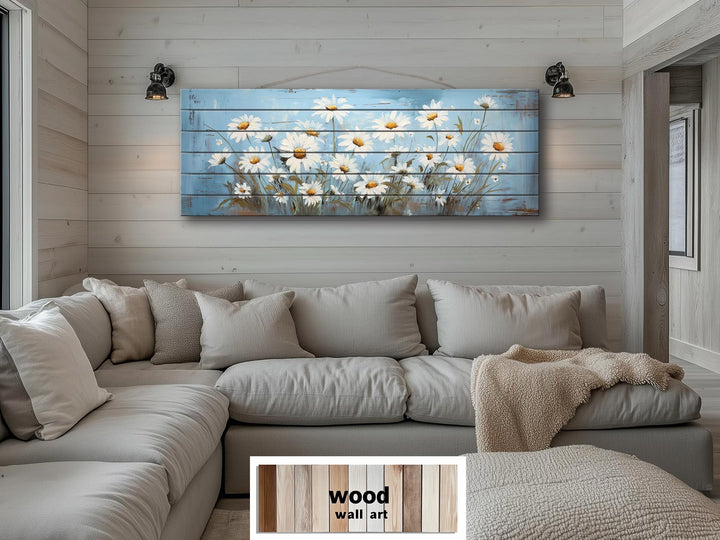 Daisy Flowers On Blue Long Narrow Distressed Wood Wall Art