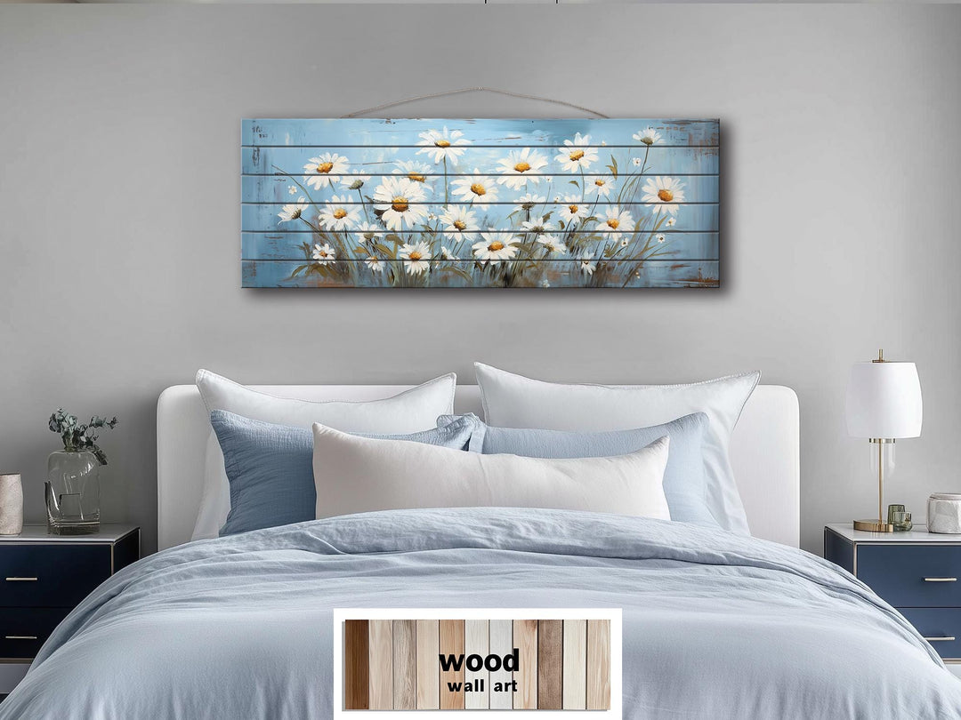 Daisy Flowers On Blue Long Narrow Distressed Wood Wall Art