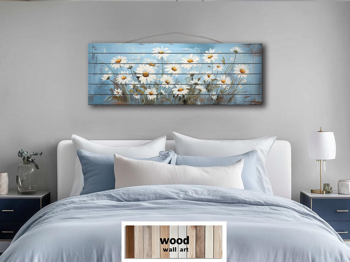 Daisy Flowers On Blue Long Narrow Distressed Wood Wall Art