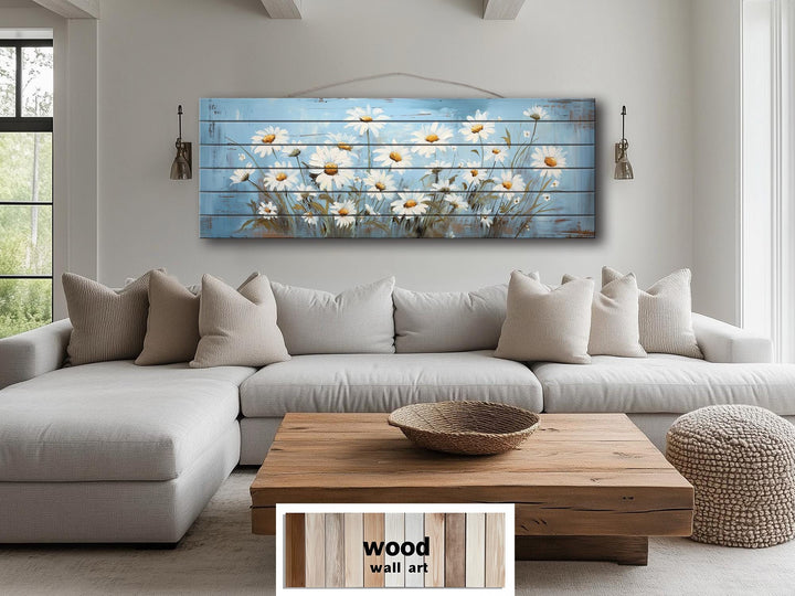 Daisy Flowers On Blue Long Narrow Distressed Wood Wall Art