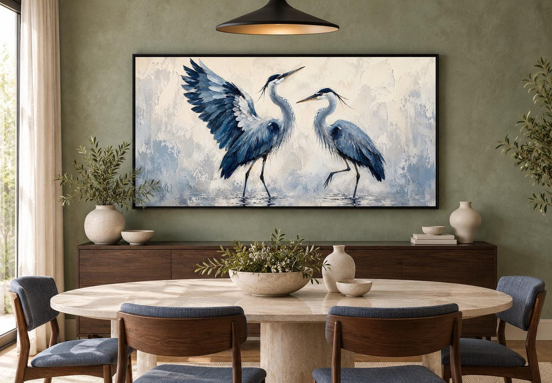 Dancing Blue Herons Navy Blue and Cream Canvas Wall Art displayed in a modern dining room.
