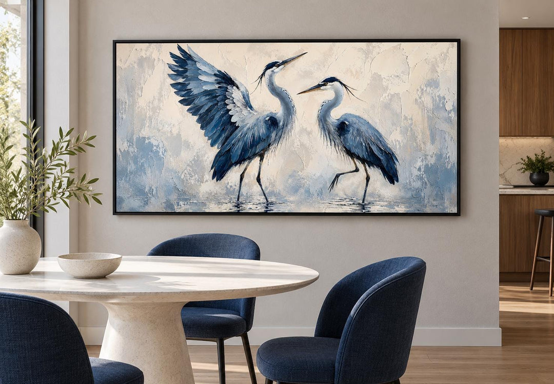 Dancing Blue Herons canvas wall art featuring two blue birds on a cream background in a dining room.