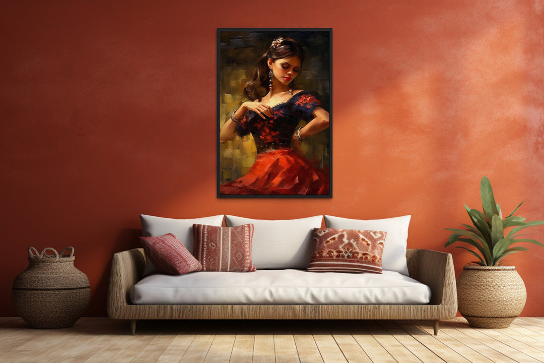 Dancing Mexican Woman In Red Framed Canvas Wall Art