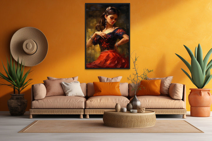 Dancing Mexican Woman In Red Framed Canvas Wall Art