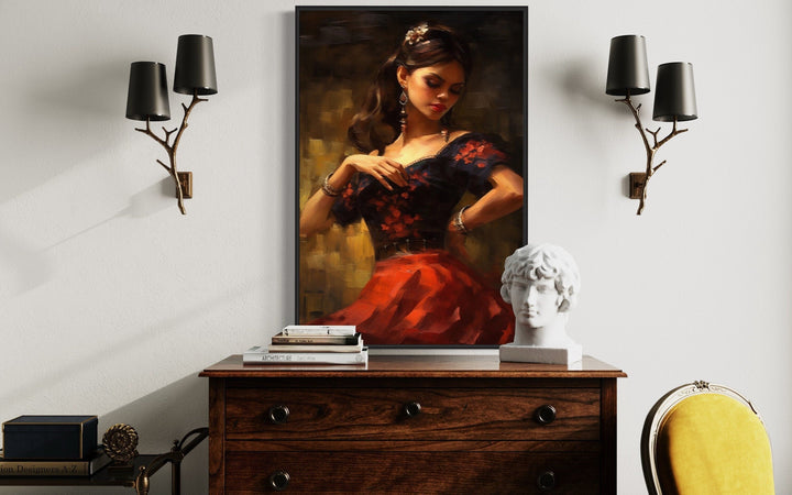 Dancing Mexican Woman In Red Framed Canvas Wall Art