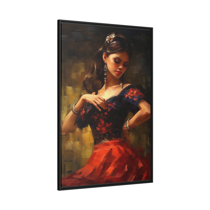 Dancing Mexican Woman In Red Framed Canvas Wall Art