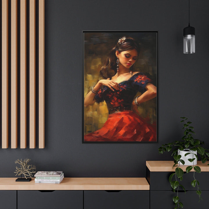 Dancing Mexican Woman In Red Framed Canvas Wall Art