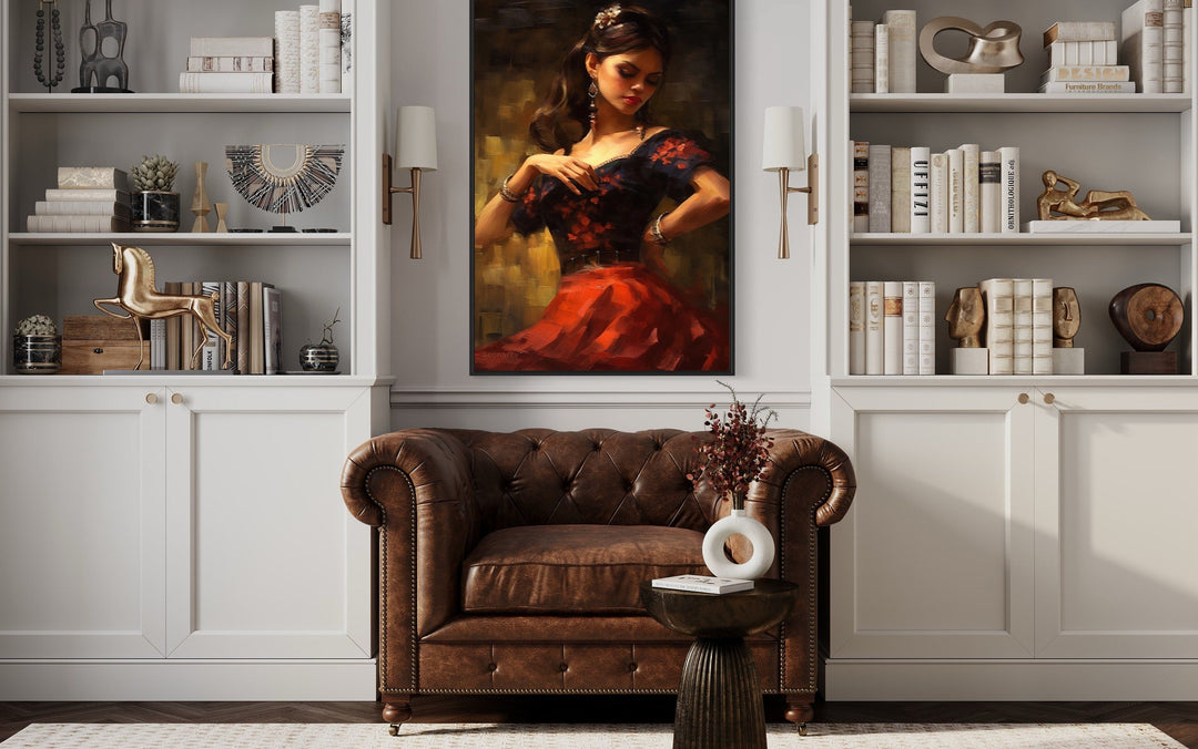 Dancing Mexican Woman In Red Framed Canvas Wall Art