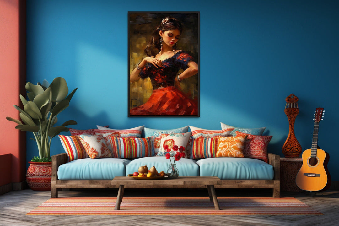 Dancing Mexican Woman In Red Framed Canvas Wall Art